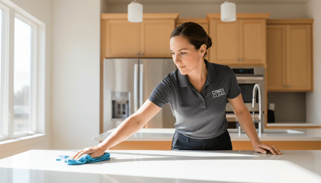 Professional cleaner wiping down a kitchen countertop in Cincinnati home