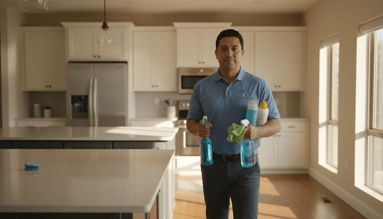 Efrain Mendoza, owner of Mr.ProClean, in a Cincinnati home with professional cleaning supplies