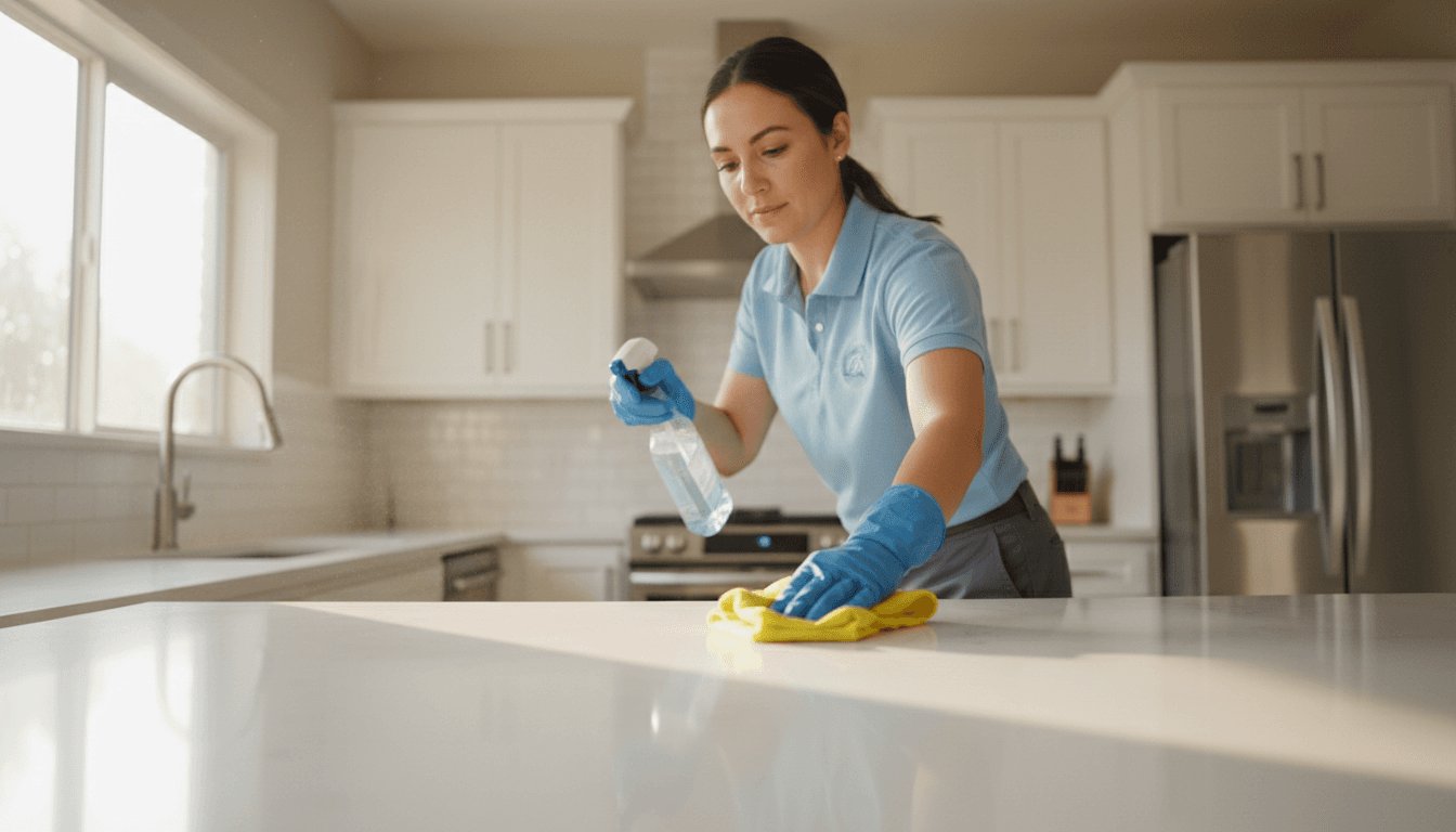 Professional cleaner efficiently cleaning a residential kitchen countertop
