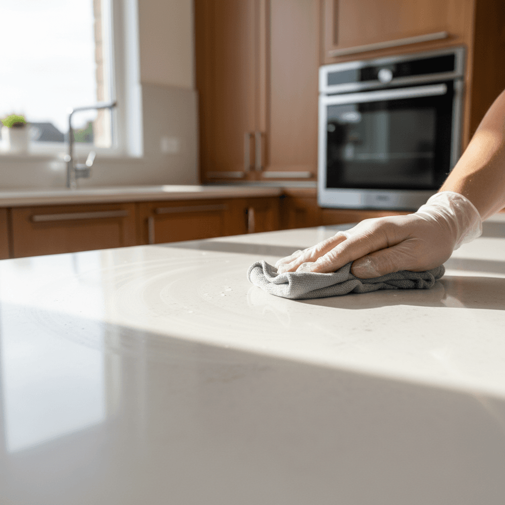 Close-up of professional cleaner's hands polishing gleaming kitchen countertop with cloth and cleaning solution