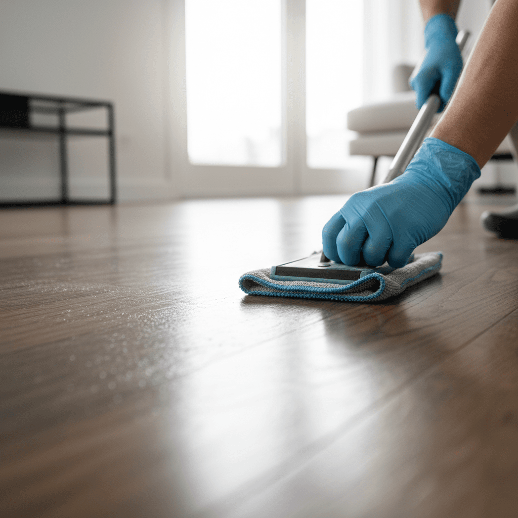 Gloved hands using microfiber mop to polish hardwood floor, revealing gleaming wood grain and shine